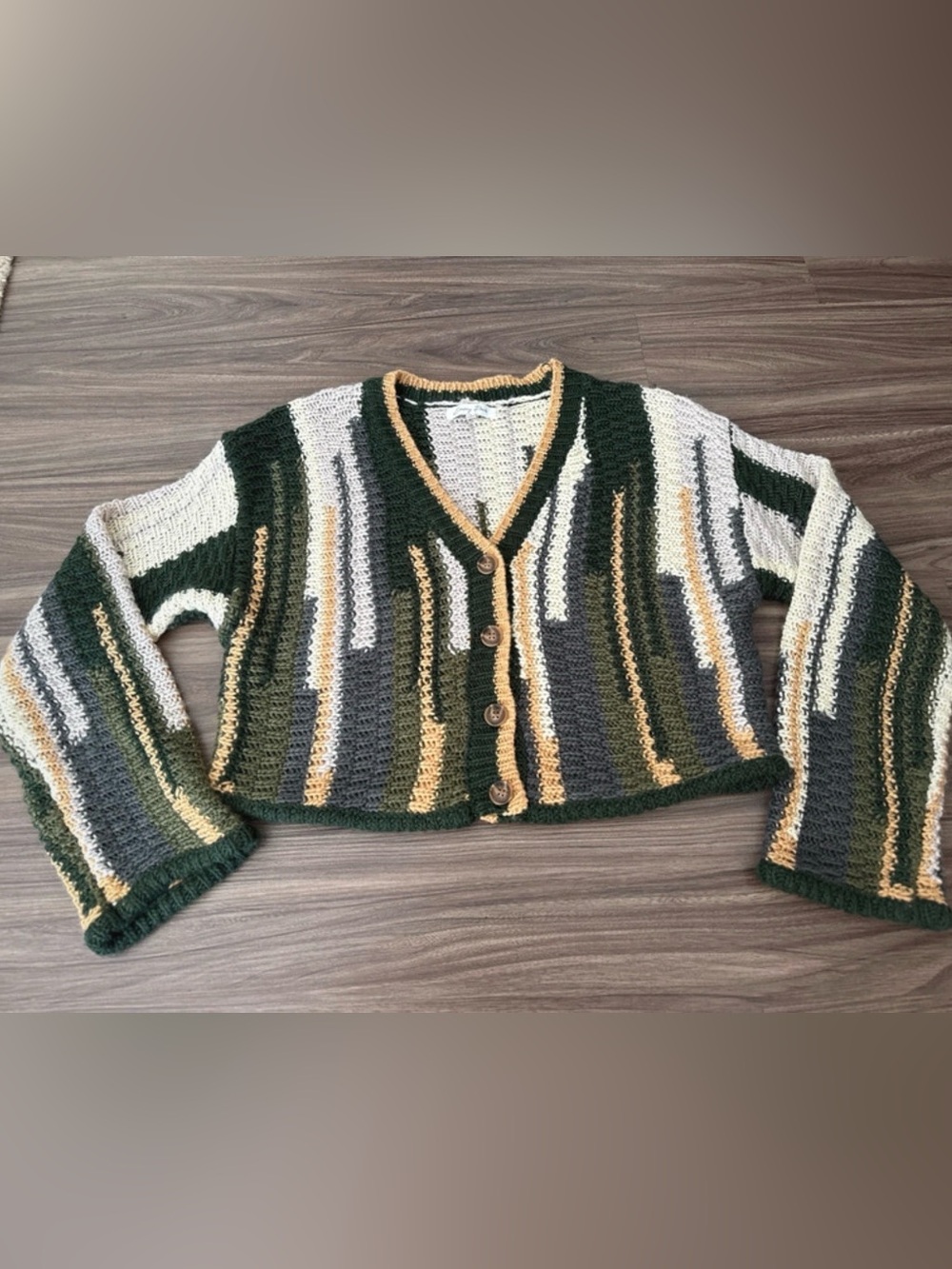 emory park Small Green, Cream, Navy & Mustard Striped Crochet Cardigan Sweater